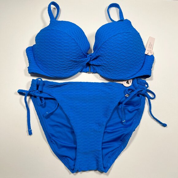 Victoria Secret 40DD XXL TWIST FRONT Push Up Bikini Top Bottom Set Textured Blue - Picture 2 of 11